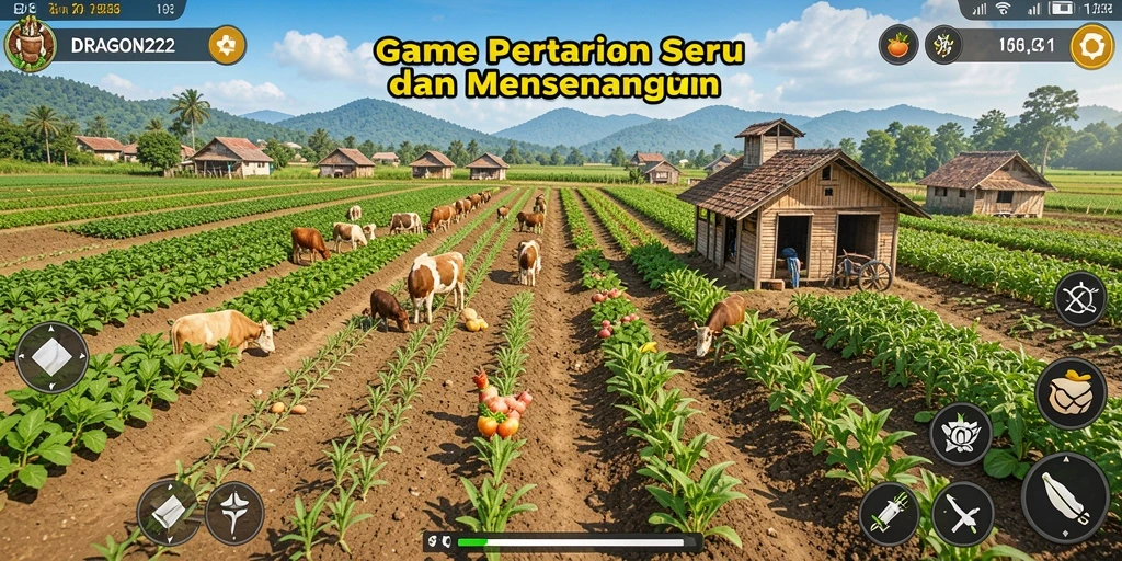 Screenshot dari gameplay DRAGON222 yang menampilkan ladang subur dan hewan ternak.