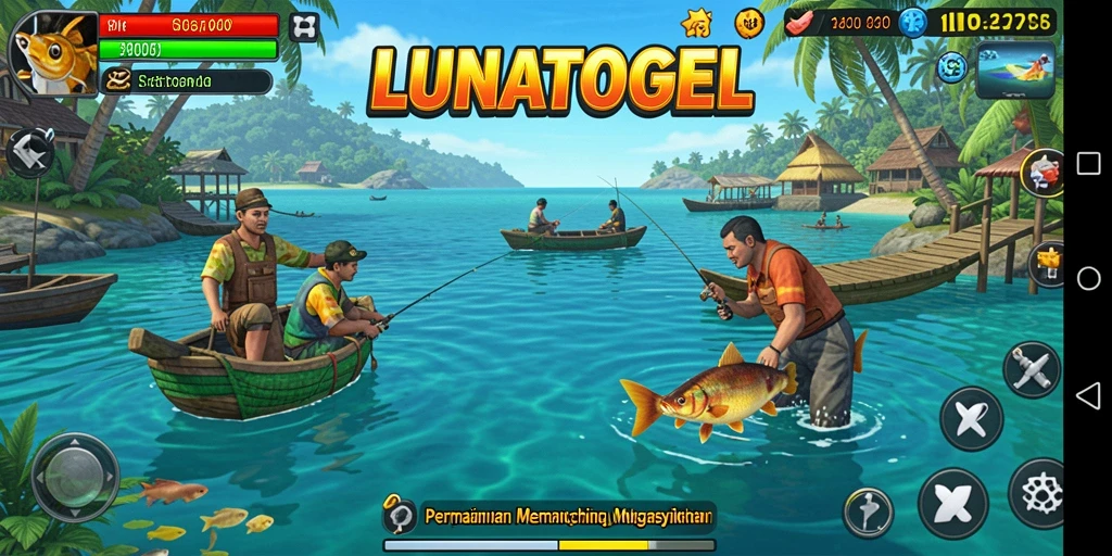 Screenshot gameplay LUNATOGEL menampilkan suasana memancing yang menenangkan dan penuh warna.
