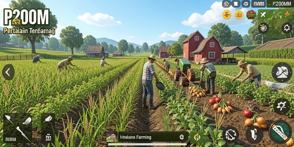 Tangkapan layar gameplay P200M yang menggambarkan aktivitas bertani seru.