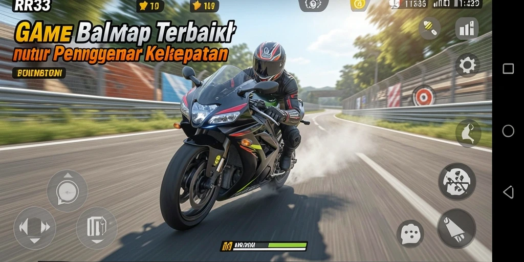 Tampilan gameplay balap motor penuh aksi dan kecepatan tinggi.